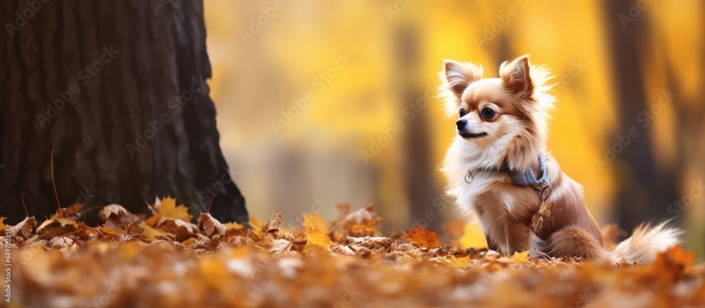 Autumn scenery Chihuahua dog walking in park rear view with fallen maple leaves