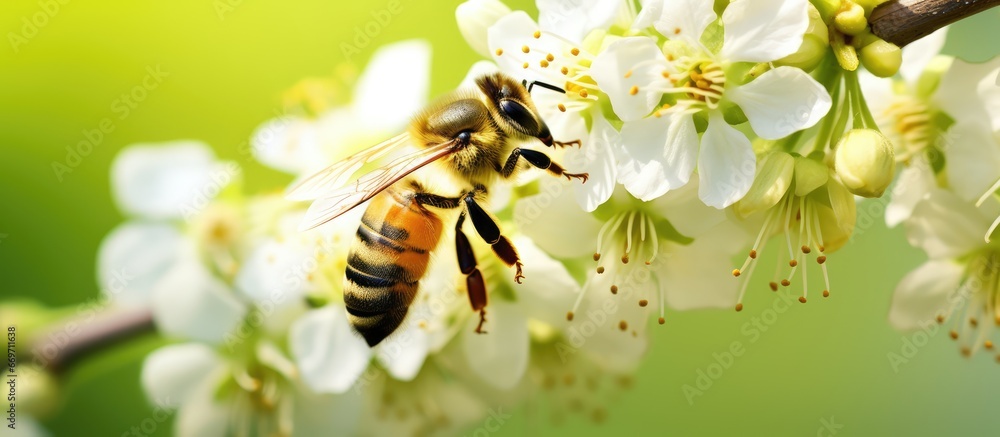 Bee pollinates flower in garden