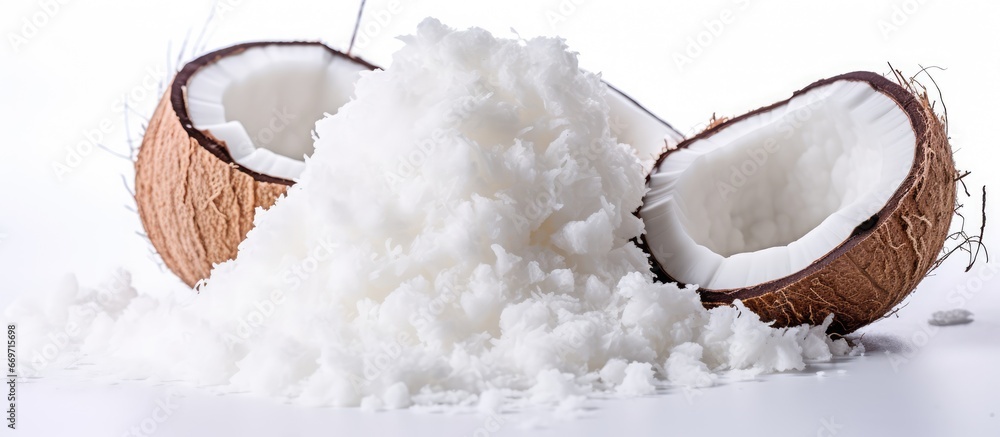 Coconut shreds on a white backdrop