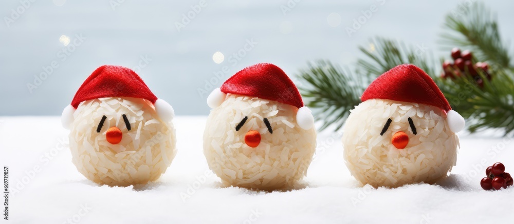 Festive Raffaello candies Creative snowman coconut balls for Christmas and New Year on a white background with copy space