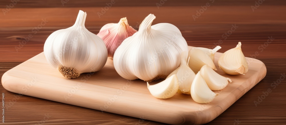 Garlic bulb and chopped cloves on cutting board from above