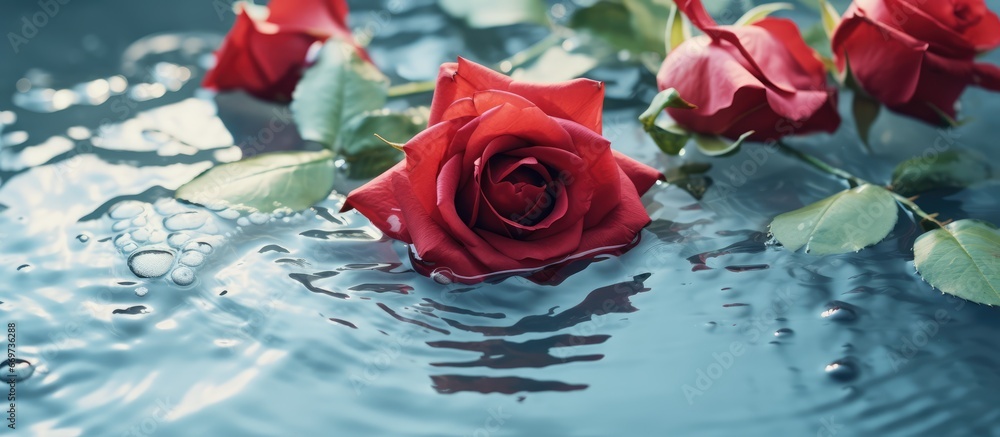 Decorative interior with red rose and water filled bathtub for bathing and relaxation