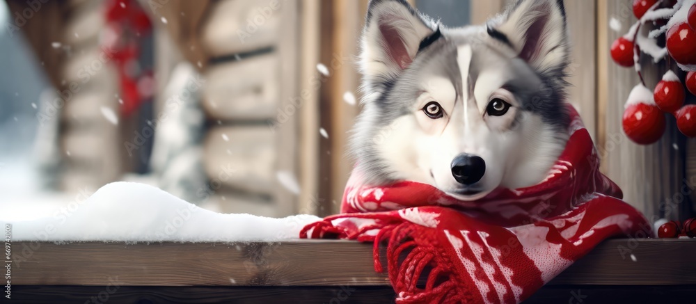 Winter Border Collie wearing a red scarf walking near a wooden house