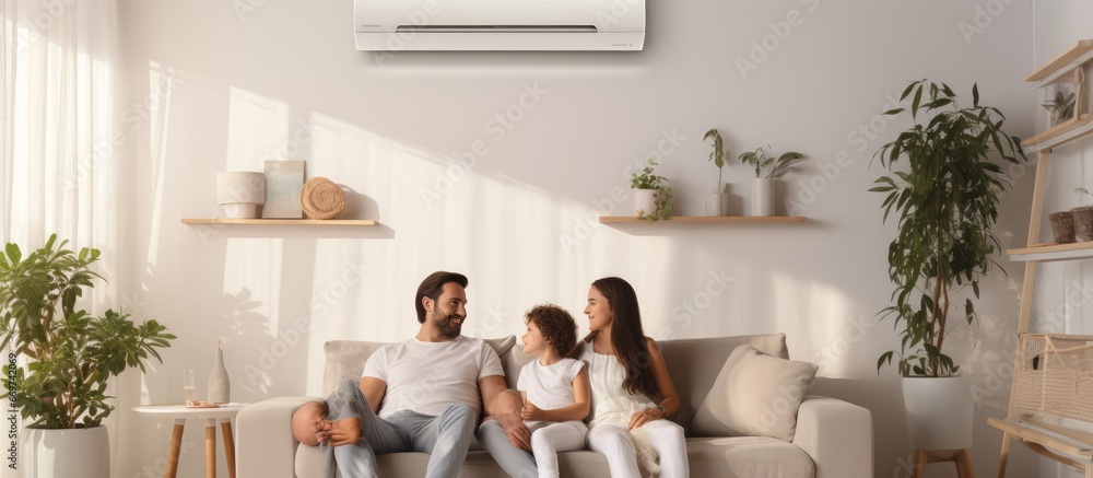 Contented family relaxing under AC unit on neutral wall at residence