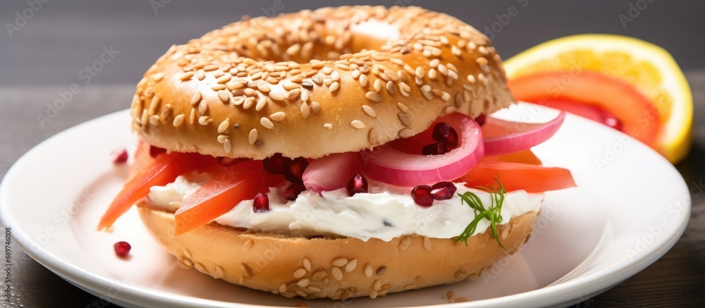 Vegan lox and cream cheese bagel with fruit on the side