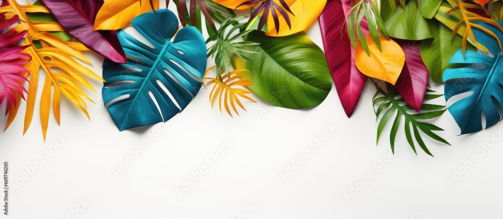 Colorful tropical leaves on a white background create a creative layout