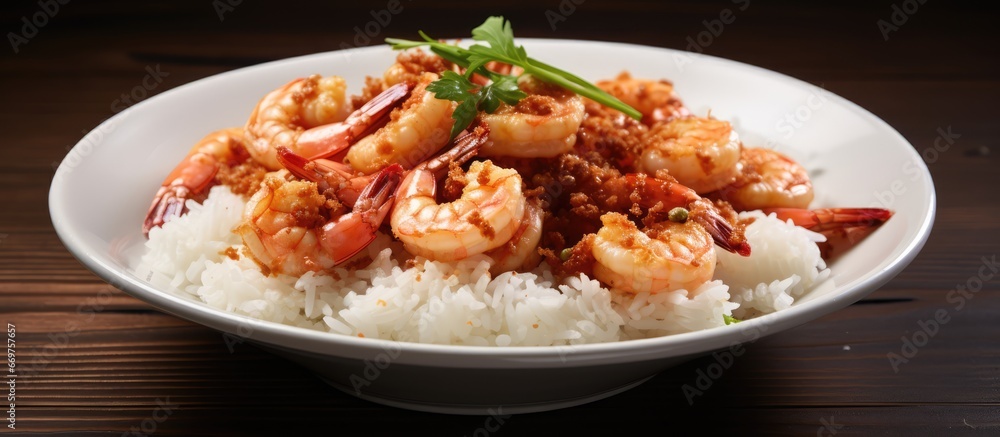 Thai cuisine Garlic and black pepper shrimp served with rice