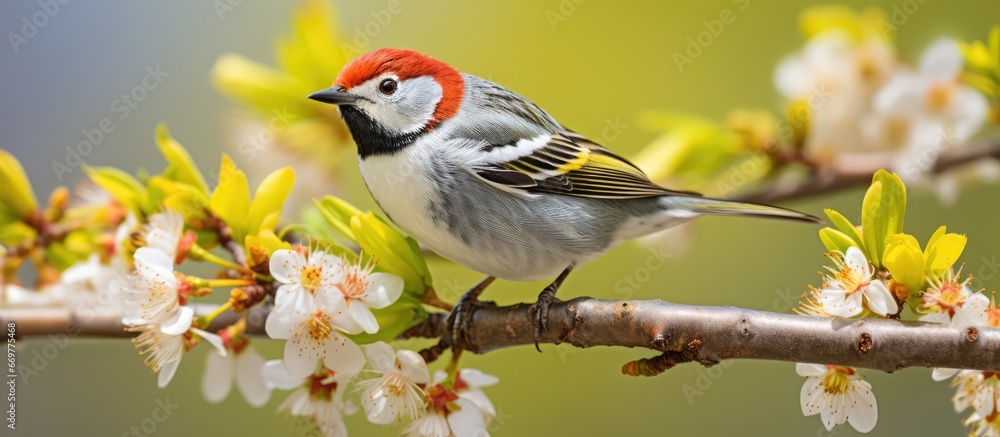 Colorful male Chestnut sided Warbler in breeding plumage perches on leafy branch during spring migration in Canada with scientific name Setophaga pensylvanica