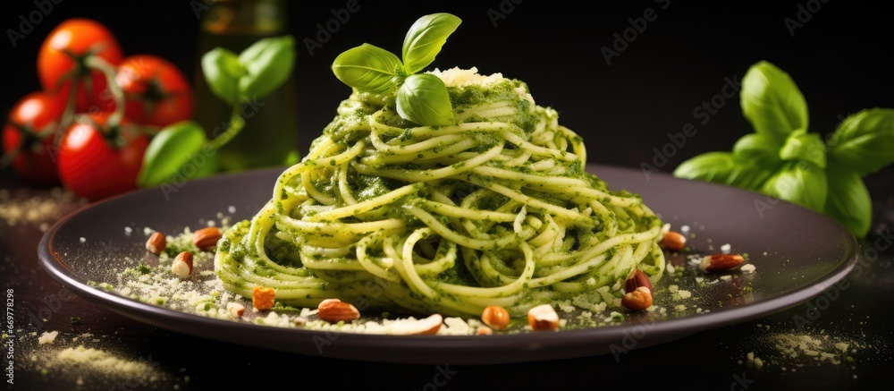 Close up of a plate with delicious pesto pasta on table