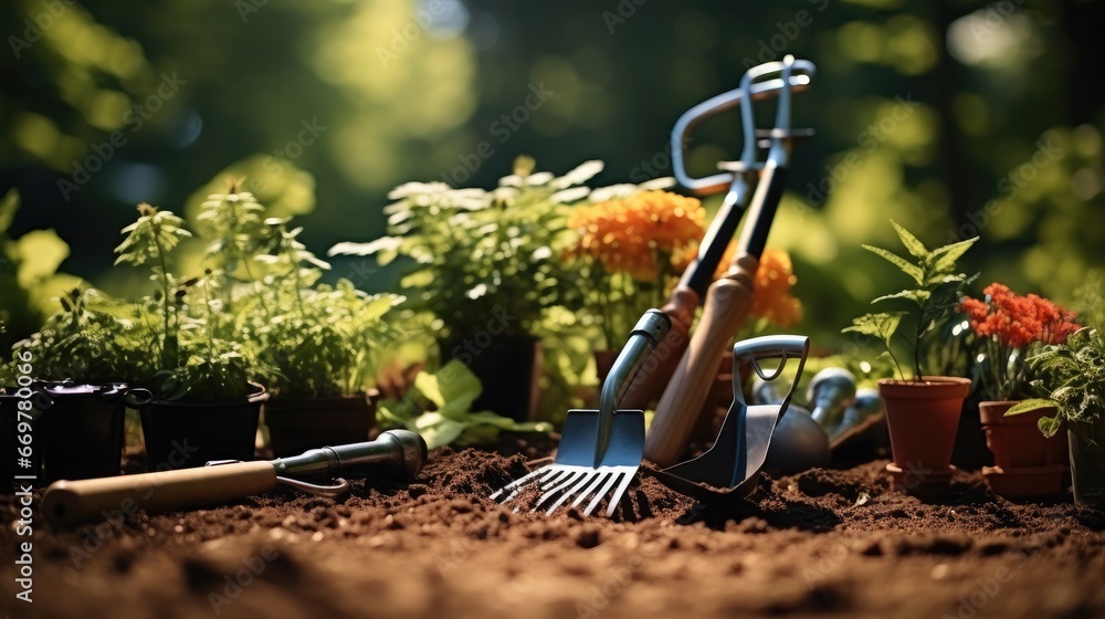 Gardening tools on planting area in the garden.