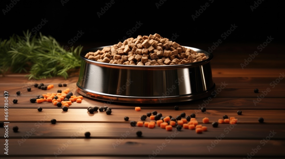 Premium dog food in metallic bowl.