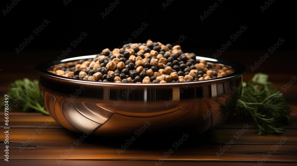 Premium dog food in metallic bowl.