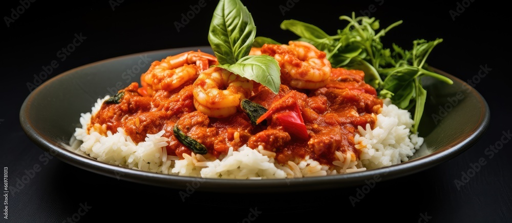 Close up of Italian prawn marinara with rice