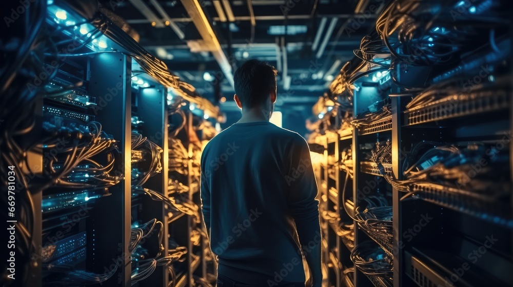 Network engineer checking signal digital connections in a room filled with technology.