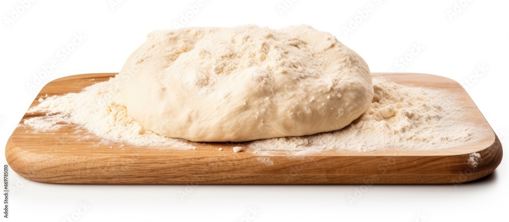 Uncooked dough for pizza or bread on wooden board