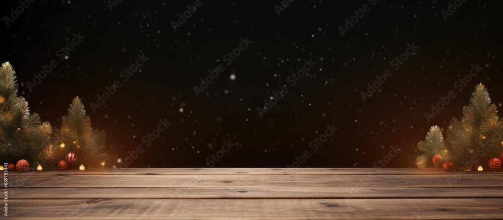 Wooden table with a spot for showcasing a product and a Christmas tree