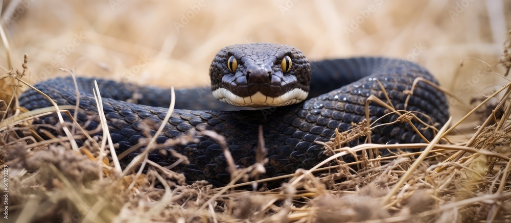 Black European viper blends into dry grass at center of frame