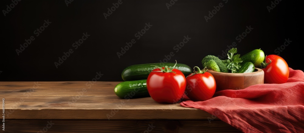 Wooden desks adorned with cherry tomatoes cucumber slices and an abundance of fresh vegetables serve as both functional and decorative elements on the table