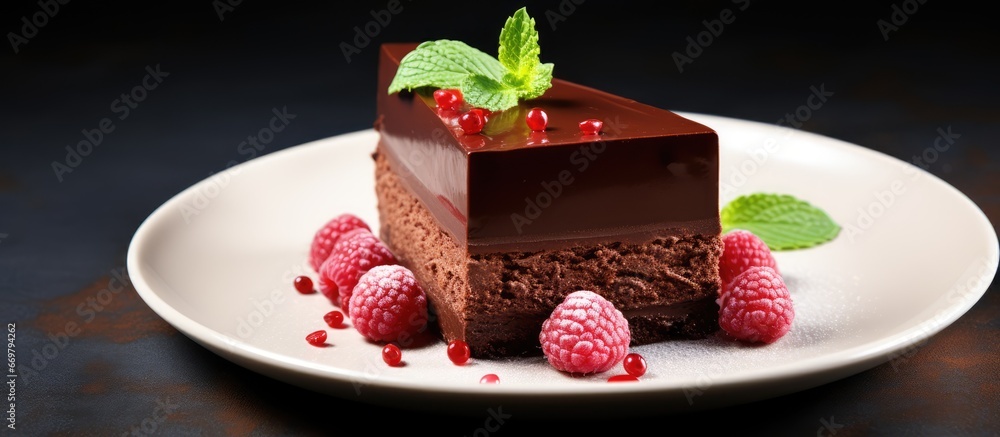 White plate with chocolate mousse cake