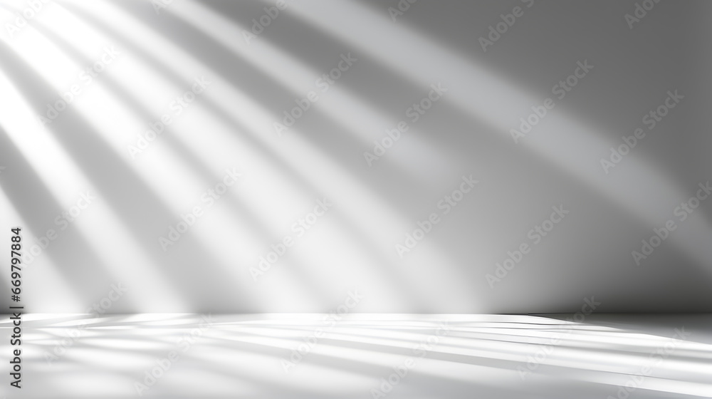 Abstract minimal empty black and white 3d room background. Modern Studio showcase with copy space. Mock up scene with natural window shadows, dappled light overlay effect. empty room