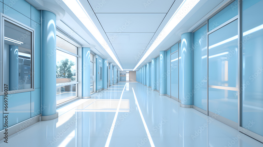 Empty modern hospital corridor background. Clinic hallway interior. Soothing ambiance in modern hospital corridor. Healthcare and medical center background. Contemporary corridor design.