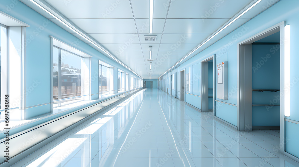 Empty modern hospital corridor background. Clinic hallway interior. Soothing ambiance in modern hospital corridor. Healthcare and medical center background. Contemporary corridor design.