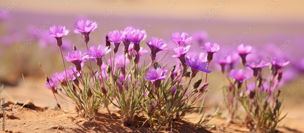 Steppe cloves small and purple bloom in the dried grass of the steppe on a sunny summer day