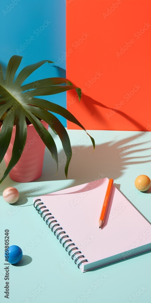 A notebook with a 90s inspired design sits on a neutral background with copy space. The designs vibrant colors evoke a sense of nostalgia, while its clean, minimalist layout keeps it contemporary.