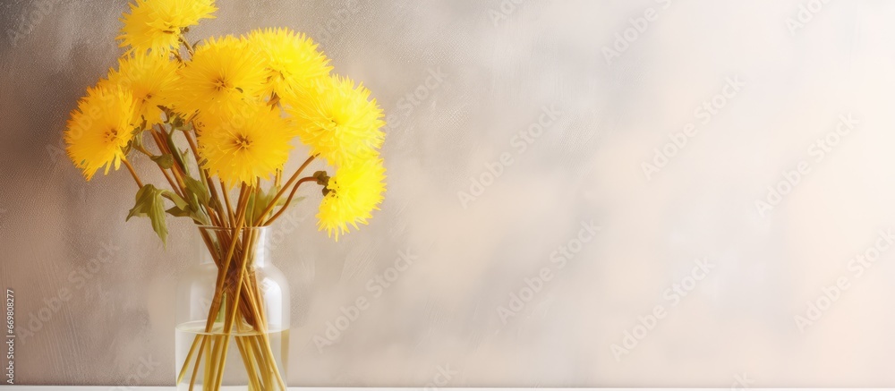 Yellow dandelion flowers on a white window sill