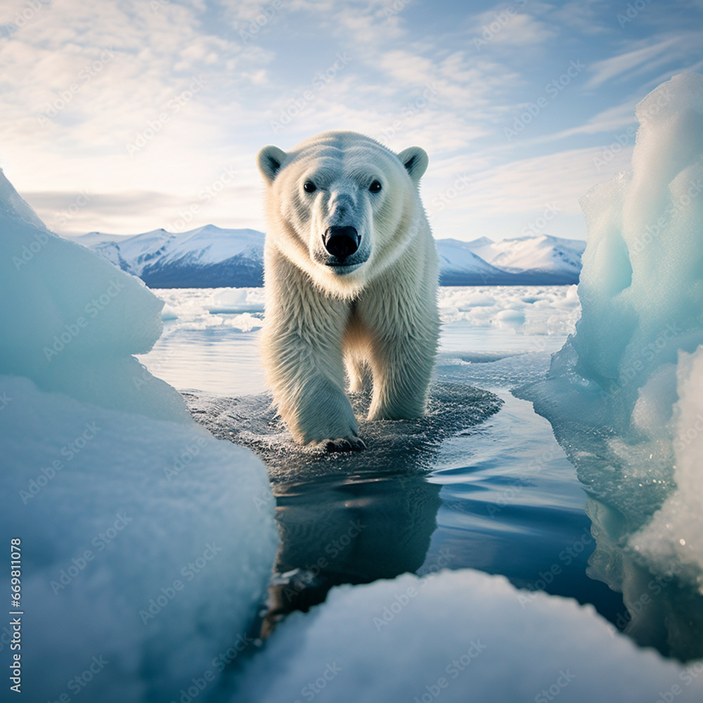 A wild polar bear alone in the arctic