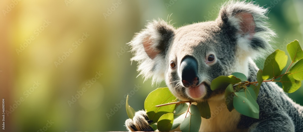 A blurry background frames a cute koala enjoying eucalyptus leaves in a zoo