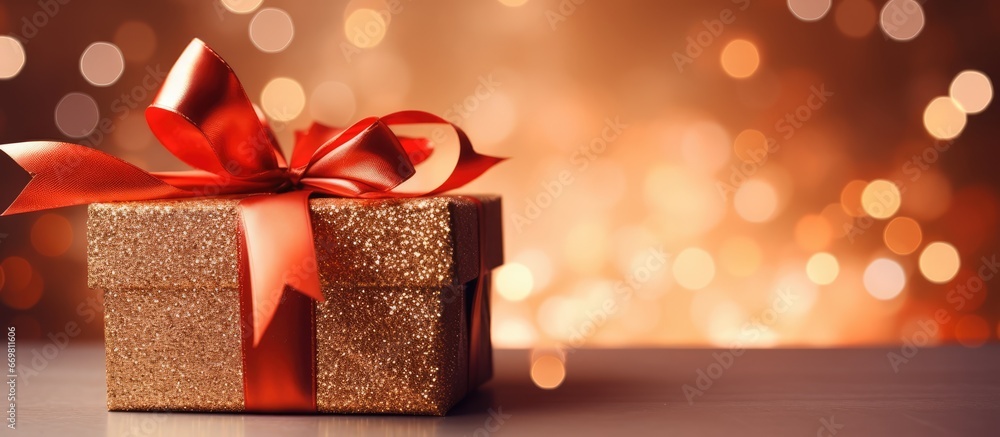 Festive gift packaging with ribbon on shiny background