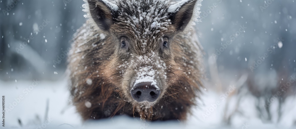 Boar depicted in snowy portrait