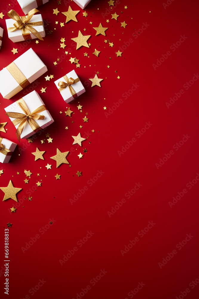 Christmas present gift boxes on a deep red background