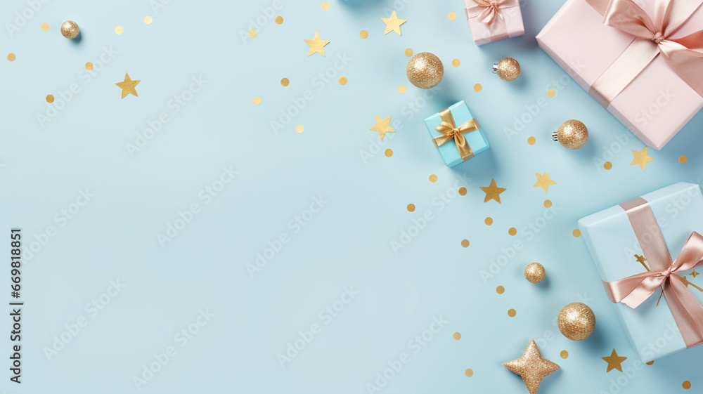 Christmas present gift boxes on a light blue background