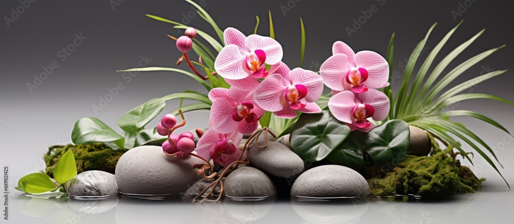 Green fern and pink orchid arranged on wet pebbles