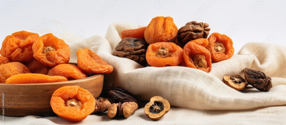 Eco dried fruits on a white textile background