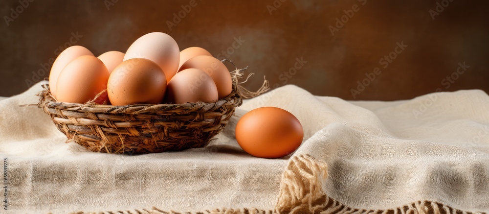 Eggs in basket on old tablecloth