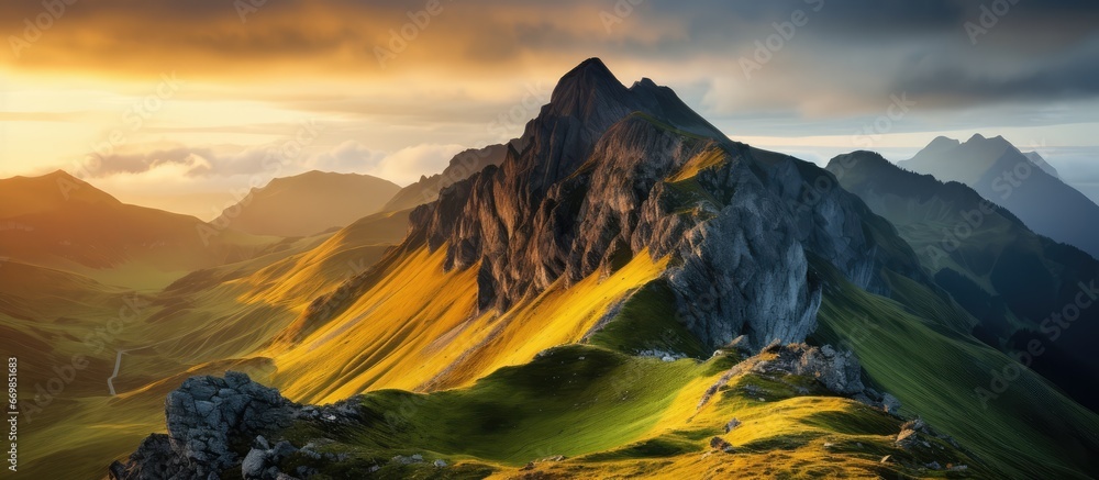 Mountain summit with sunset