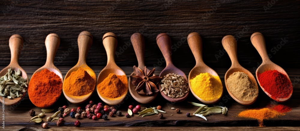 Assorted spices for curry including turmeric paprika salt pepper chili and cinnamon placed on vintage wooden background with sackcloth