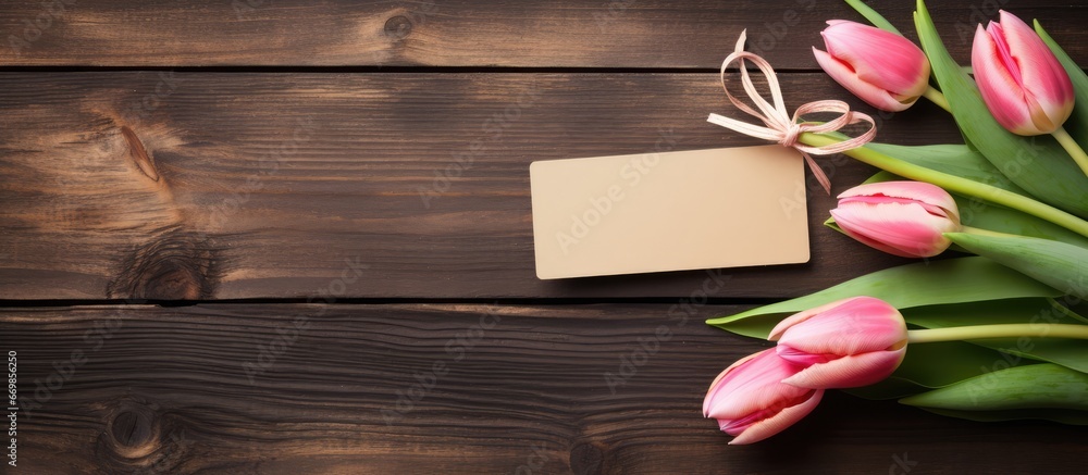 Blooming tulips with a wooden backdrop