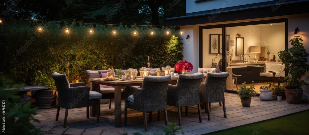 Cozy summer evening in modern residential backyard with outdoor lights plants table and chairs