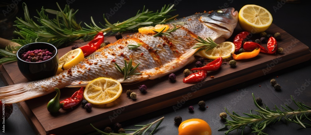 Marinating raw fish with spices on a wooden board