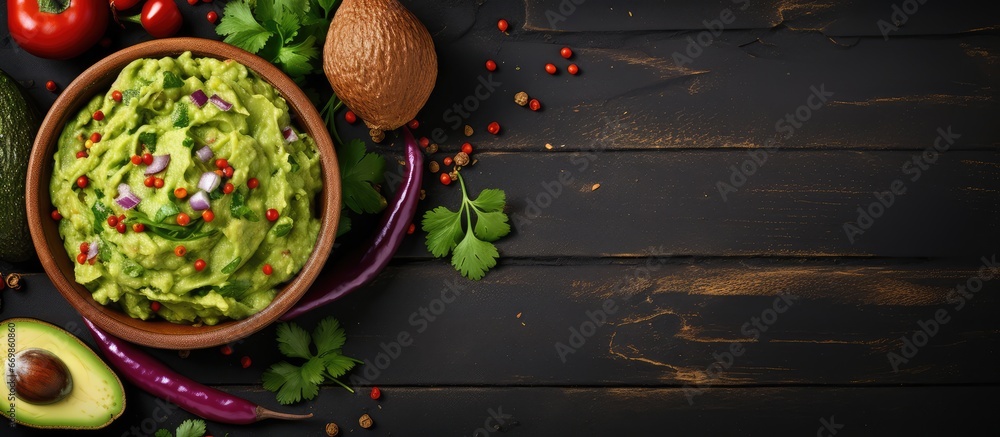 Top view of guacamole on a wooden board with a gray background Mexican cuisine