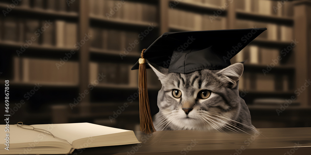 A cat wearing a graduation hat in a library