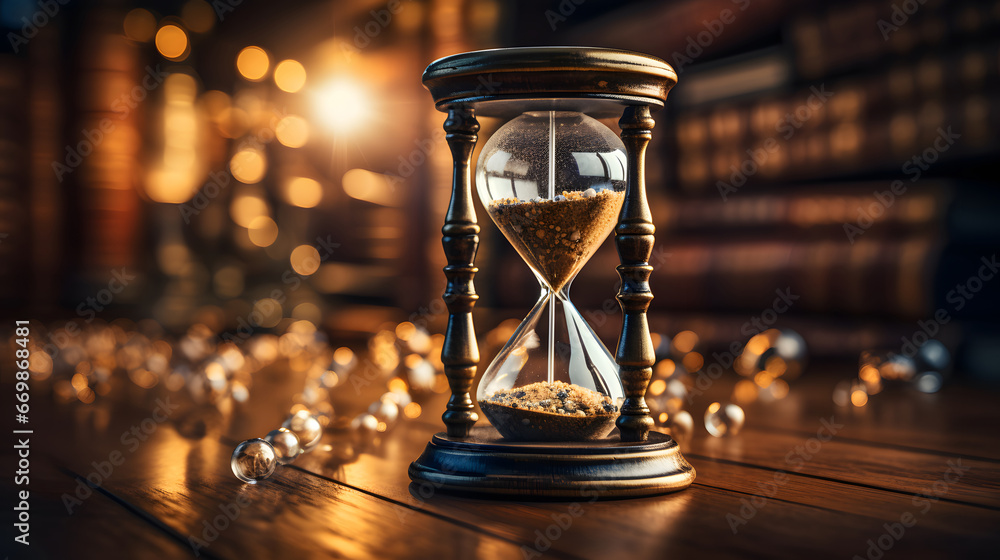 hourglass on the table, A close - up of an antique hourglass on a library desk, representing the passage of knowledge. vintage style,