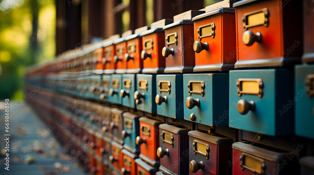 A library card catalog with drawers full of information.