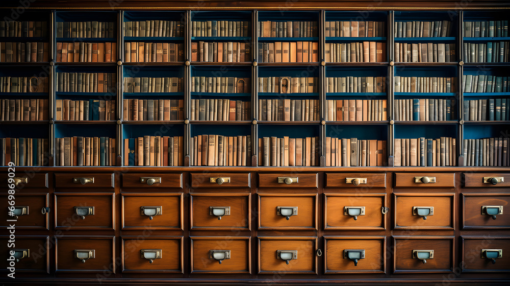 A library card catalog with drawers full of information.