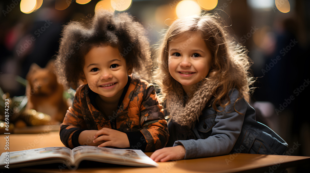 a girl and her elementary school friends are reading books in the library