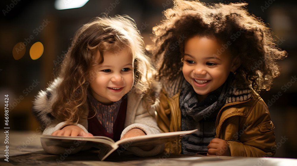 a girl and her elementary school friends are reading books in the library